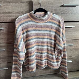 BKE Women's Striped Cowl Neck Sweater - Cream, Gray, Pink